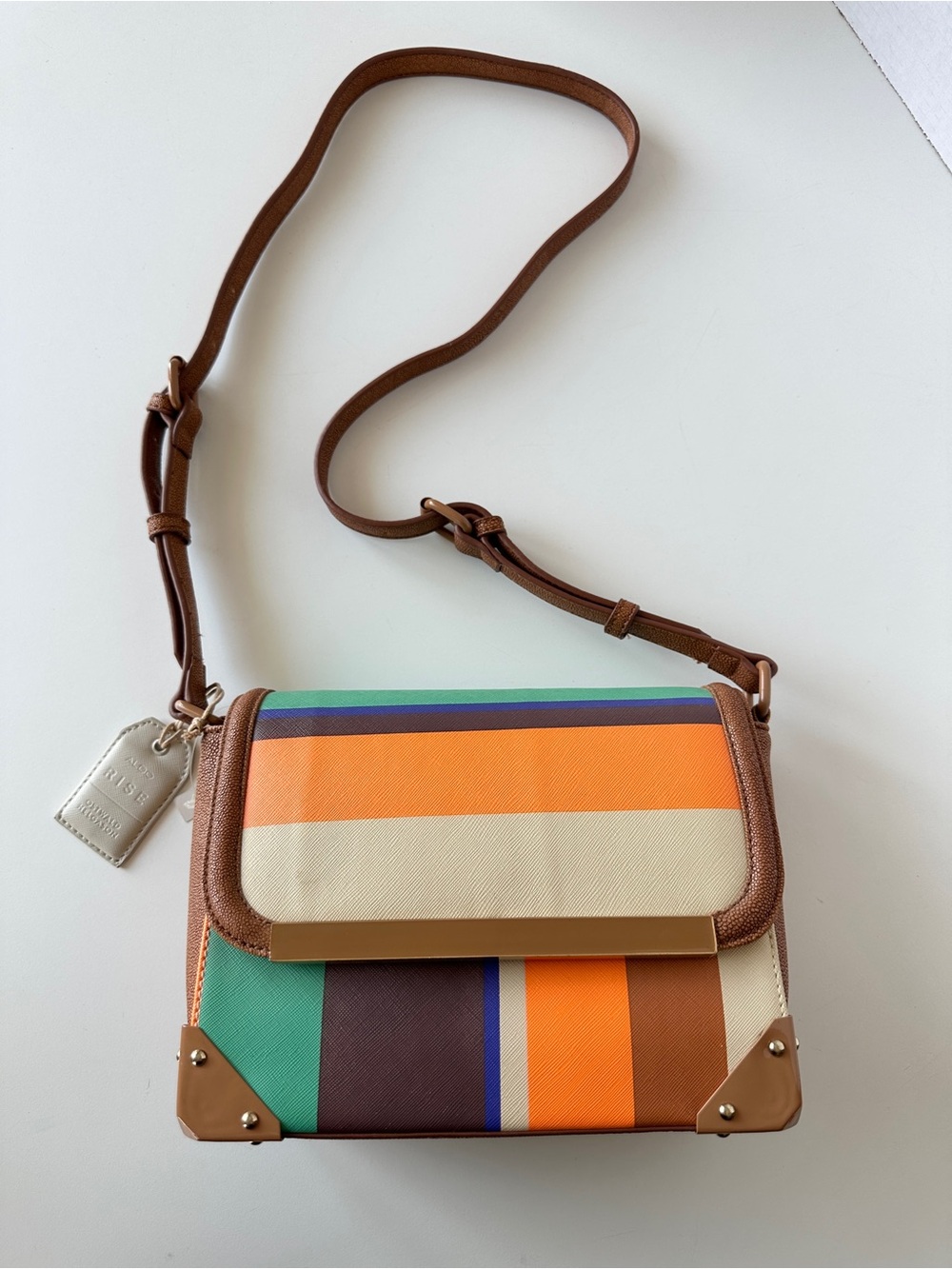 Aldo Rise Crossbody Bag Tan Orange Striped Bag Metal Corners Vegan Leather